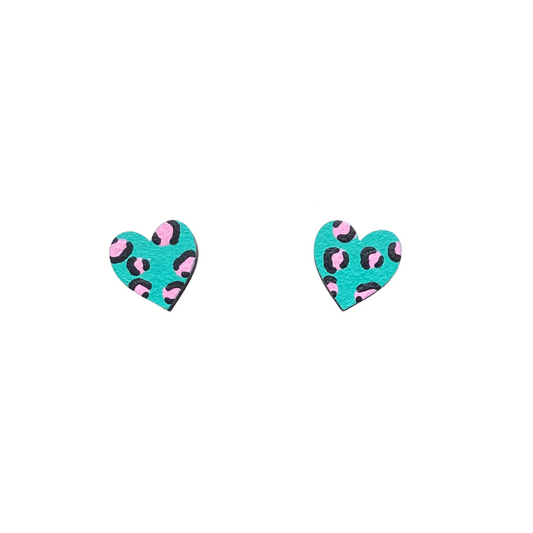 Turquoise & Pink Leopard Heart small studs - Ivy & Ginger