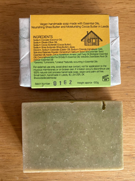 Myrrh, Coriander, Petitgrain and Vetiver with Spirulina Soap